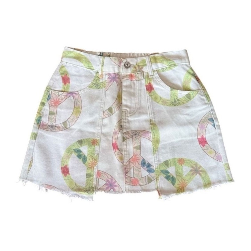 POL White Cotton Denim Mini Skirt with Pastel Peace Sign Print Women Small NEW